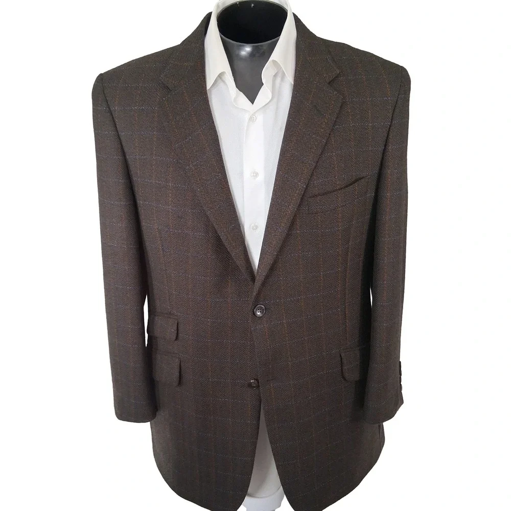 Barry Bricken Blazer Men 42R Brown Herringbone Windowpane Sport Coat Double Vent